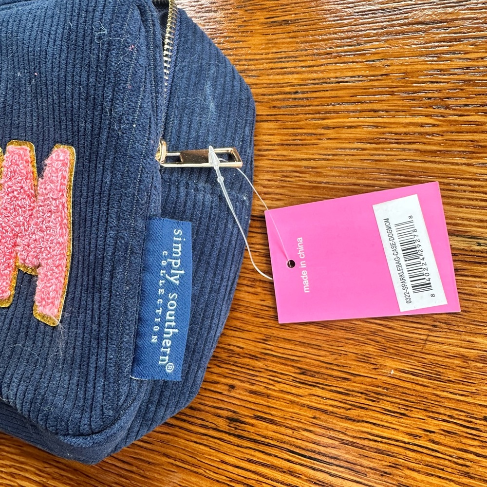 Simply Southern Navy Corduroy Cosmetic Bag with Pink 'DOG MOM' - Picture 2 of 4